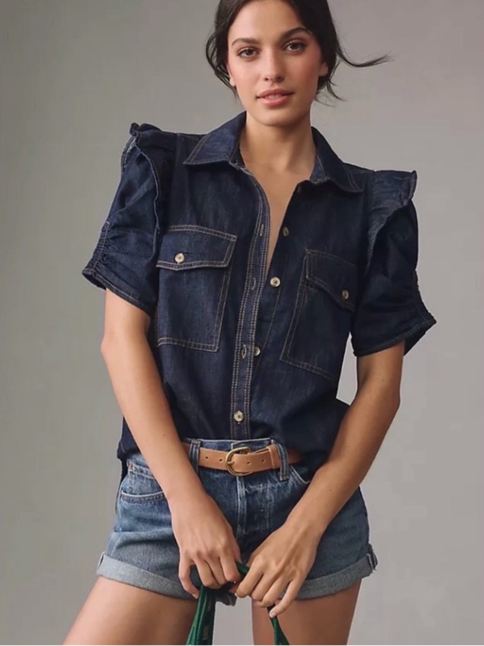 Anthro Pilcro Ozzie Dark Denim Ruffle Short Sleeve Button Down Shirt - XXS
